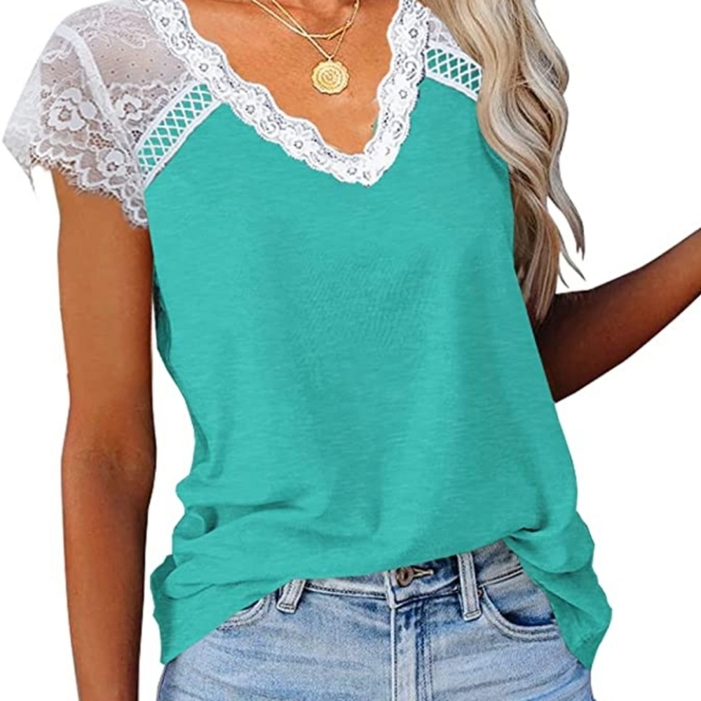 Lace sleeved, trendy tee, turquoise / white